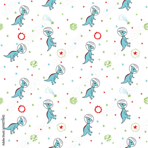 cute dinosaur astronauts in space with spaceships and planets, multicolored on white background, seamless vector pattern. children's, for fabric, Wallpaper, paper