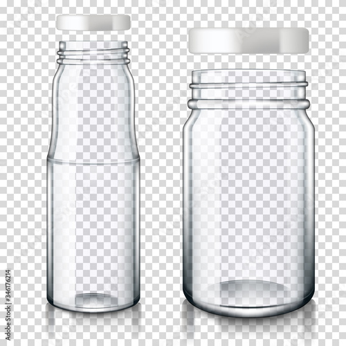 Realistic transparent empty glass jar and bottle with lid, isolated.