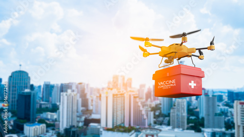 Smart technology of drone brings coronavirus(covid-19) vaccine to Around the world.AI(Artificial Intelligence) auto pilot carries red box package containing COVID19 vaccine to Quarantine stay at home