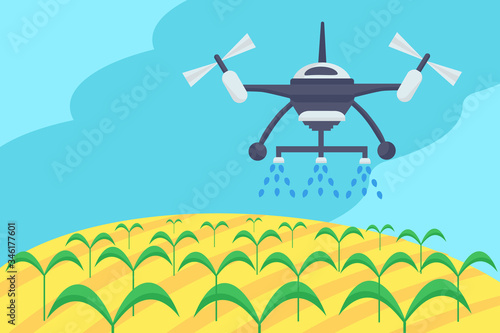 Concept of smart farm. Smart farming tech with irrigation drone. Innovation technology and automatic sprinkler copter. Can used for banner, poster, layout, flyer.