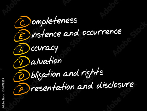 Assertions CEAVOP - completeness existence and occurrence accuracy valuation obligation and rights presentation and disclosure, acronym concept