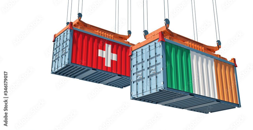 Shipping containers with Switzerland and Ireland flag. 3D Rendering Shipping containers with Switzerland and Ireland flag. 3D Rendering