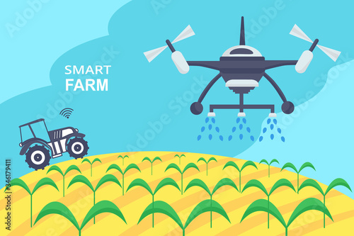 Concept of smart farm. Smart farming tech with irrigation drone and unmanned tractor with wi-fi technology. Innovation technology and automatic sprinkler copter. Can used for banner, poster, layout