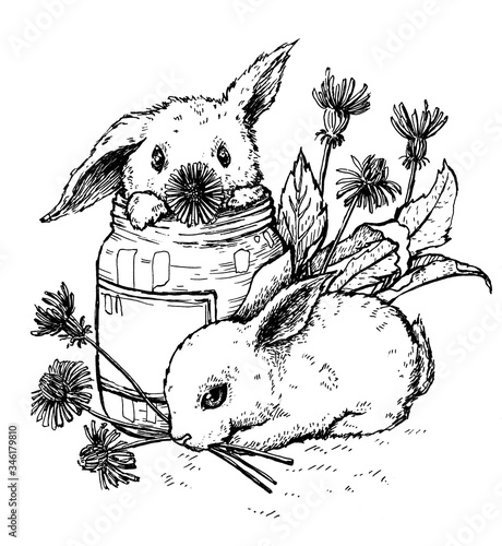 A graphical picture where the bunnies are preparing jam from dandelions
