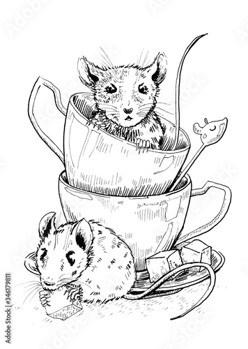 Mouse tea party. Graphic drawing where two mice came to drink tea