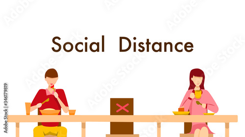 Social distance concept in restaurant : a man and a woman sit a distance apart in a restaurant or a cafe on the counter table. COVID-19 pandemic time. Vector illustration, Flat design