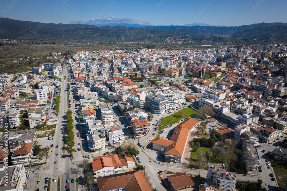 Fototapeta premium Aerial view of Arta city, Greece. Cityscape of Arta, Peloponess