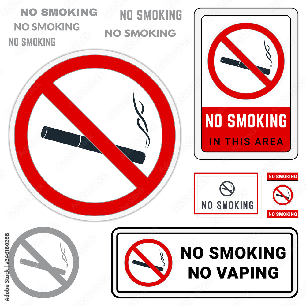 No Smoking Symbol. Set of Prohibition Signs. Finished Stickers and Badges No Smoking Symbol. Set of Prohibition Signs. Finished Stickers and Badges