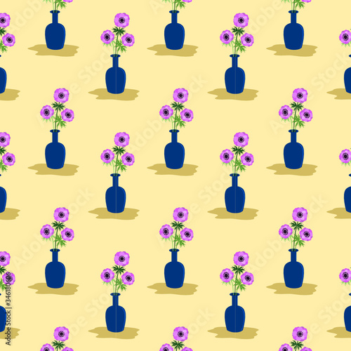 Purple anemone flower in blue vase. Floral seamless pattern. Flat design . Botanical illustration.