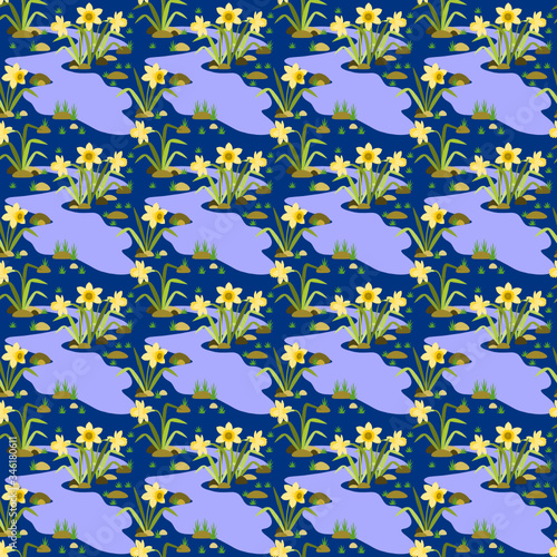 Seamless pattern with blooming daffodils. Narcissus flowers on blue background. Flat design. Botanical illustration. 