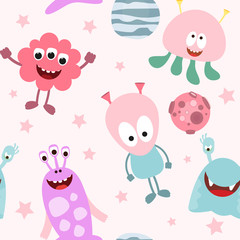 Acrylglasbilder Monstermuster Niedliche Weltraummonster mit Planeten  © elfivetrov