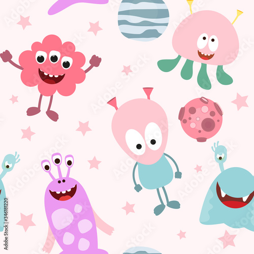 Bags Funny Space Monsters Seamless pattern - Cartoon Cute Aliens and  Planets. Space background. Vector Illustration. Print for Wallpaper, Baby  Clothes, Greeting Card, Wrapping Paper. 