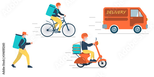 Poster concept for home delivery. Restaurant or supermarket delivering food at doorstep in quarantine. Sitting home and Order online food at anytime.Man with mask delivering food on scooter, bicycle