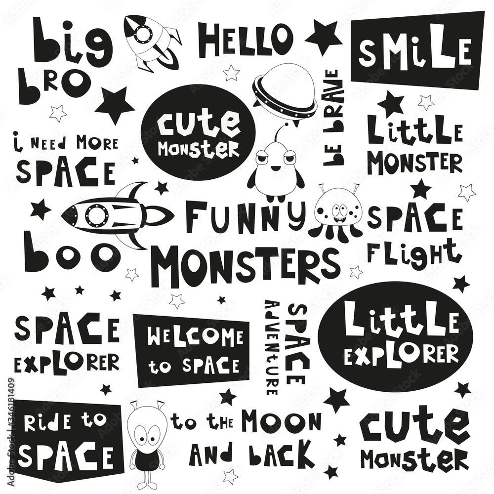 Space Phrases Set. Black and White Hand Drawn Motivation Quotes ...