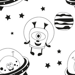 Acrylglasbilder Monstermuster Monochrome Aliens im Weltall Muster  © elfivetrov