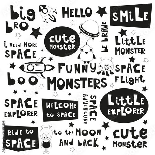Space Phrases Set. Black and White Hand Drawn Motivation Quotes, Phrases and Words. Vector Illustration. Monochrome Cliparts.