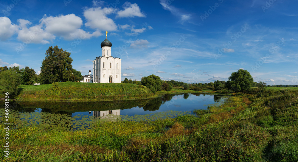 Panorama overlooking a small church in Russia