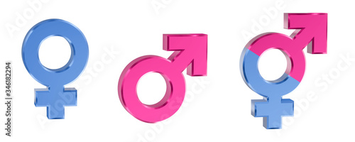 Male, female sex sign. Gender symbols illustration. 3D rendering. Mars and Venus signs. Bisexual symbol.