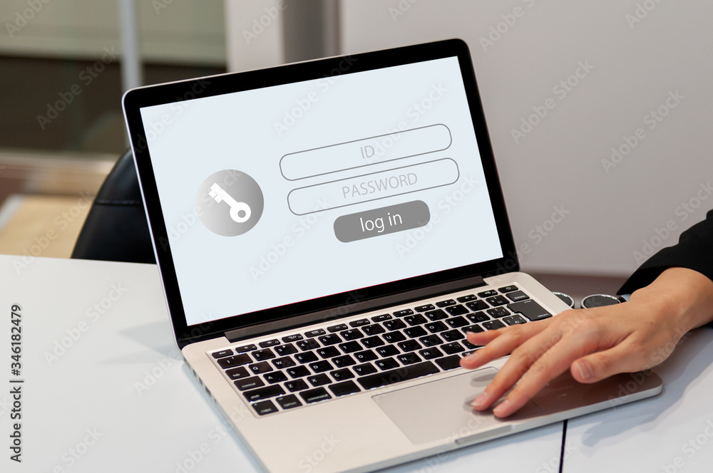 データ保護とインターネットセキュリティのイメージ、ユーザーがコンピューターにIDとログインパスワードを入力して個人情報を保護 データ保護とインターネットセキュリティのイメージ、ユーザーがコンピューターにIDとログインパスワードを入力して個人情報を保護