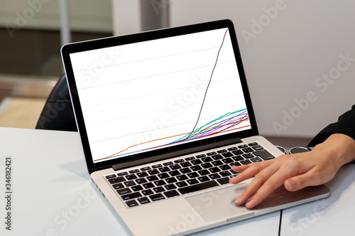 グラフ資料をモニターに表示したノートパソコンを操作するビジネスマン（ウーマン）の手
