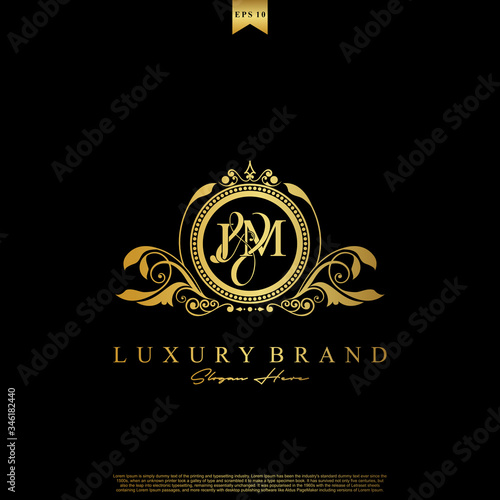 J & M JM logo initial Luxury ornament emblem. Initial luxury art vector mark logo, gold color on black background.