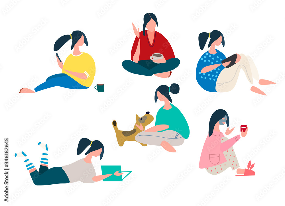 Stay Home concept. Covid-19 quarantine concept. Young woman spending time at home - networking, drinking coffe, putting on makeup, playing with dog. Set of vector illustrations in flat style Stay Home concept. Covid-19 quarantine concept. Young woman spending time at home - networking, drinking coffe, putting on makeup, playing with dog. Set of vector illustrations in flat style