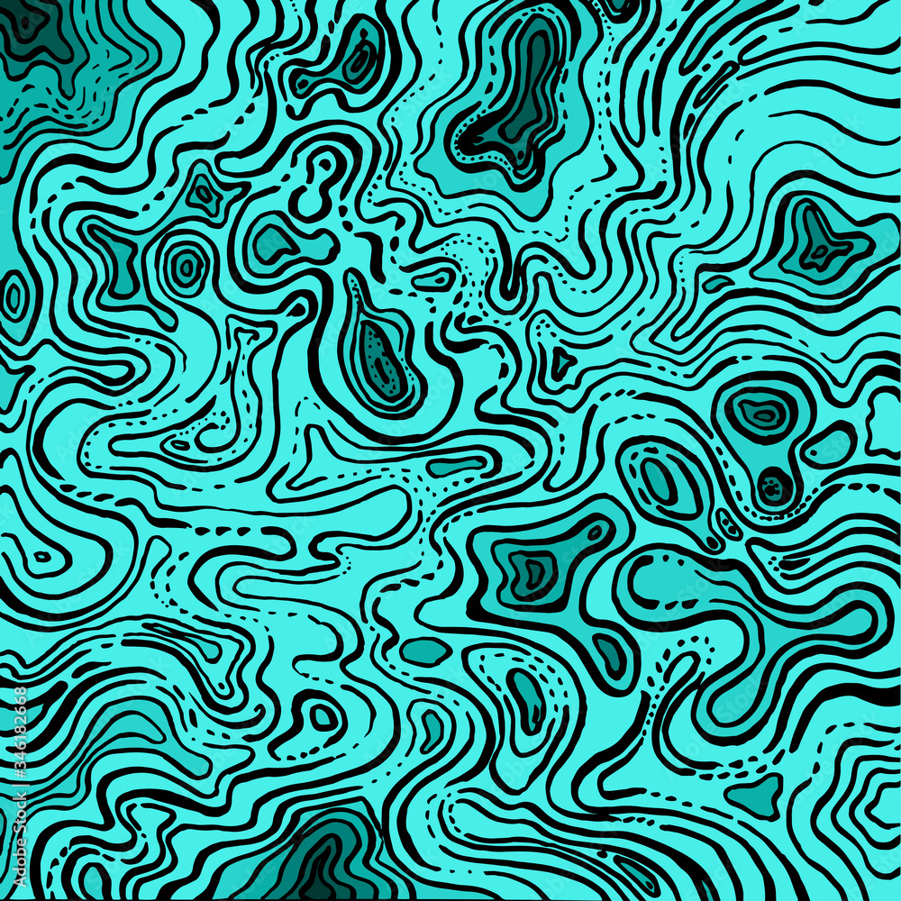 Abstract black and turquoise background. A lot of chaotic curved lines create a pattern on the surface, chaotic and abstract, hand-drawn graphics