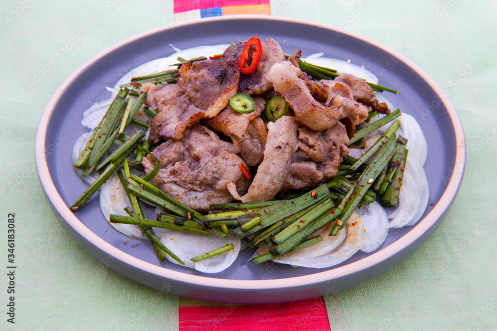 Fried Beef Brisket with garlic chives salad Fried Beef Brisket with garlic chives salad