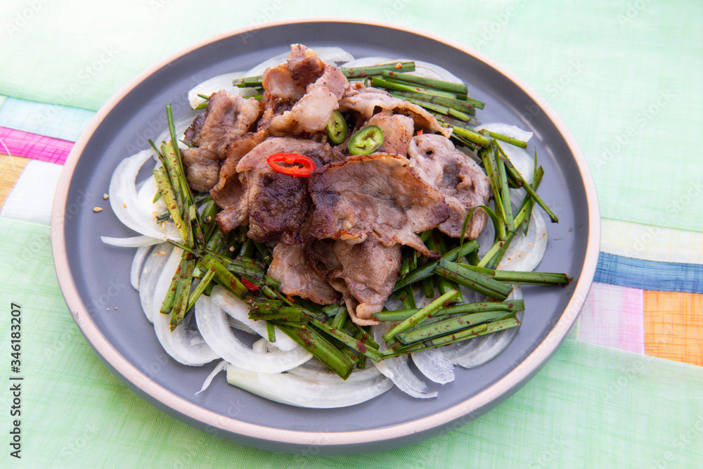 Fried Beef Brisket with garlic chives salad Fried Beef Brisket with garlic chives salad