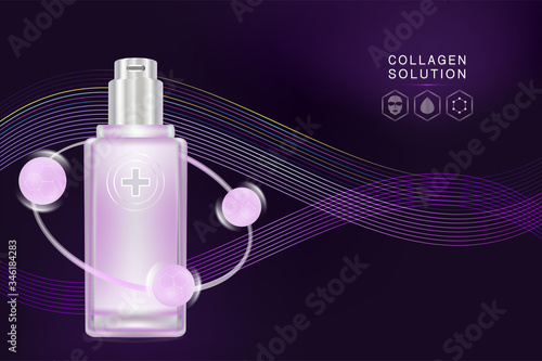 Beauty product ad design, purple cosmetic container with collagen solution advertising background ready to use, luxury skin care banner, illustration vector.