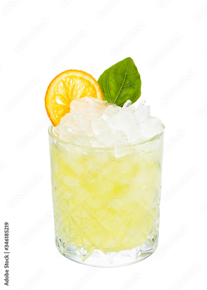 Gin basil smash alcoholic classic cocktail in a glass isolated on white background Gin basil smash alcoholic classic cocktail in a glass isolated on white background
