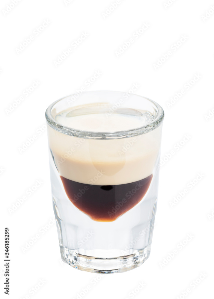B-52 classic cocktail in a glass isolated on white background. Layered shot composed of a coffee liqueur, an Irish cream, and a triple sec B-52 classic cocktail in a glass isolated on white background. Layered shot composed of a coffee liqueur, an Irish cream, and a triple sec