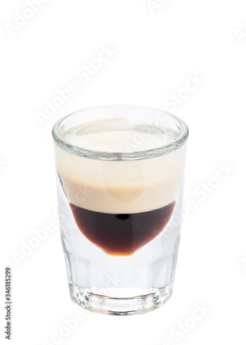 B-52 classic cocktail in a glass isolated on white background. Layered shot composed of a coffee liqueur, an Irish cream, and a triple sec