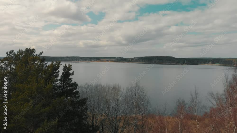 Aerial view of a pine forest and lake Aerial view of a pine forest and lake