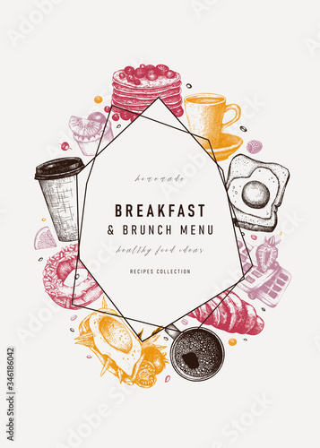 Breakfast trendy design. Morning food and drinks frame with abstract elements. Breakfast and brunch sketches. Perfect for recipe, menu, label, icon, packaging. 