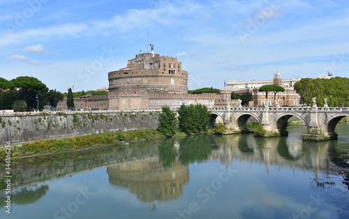 Castel Sant’Angelo and Parco Adriano with Ponte Sant’Angelo and Tiber river. Rome, Italy.