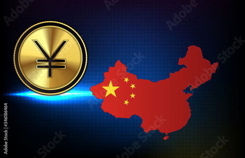 abstract background of futuristic technology china yuan digital currency with red china map