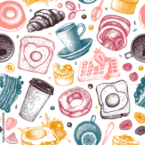 Breakfast dishes vector background. Morning food hand drawn illustrations. Breakfast and brunches menu design. Vintage hand drawn food and drinks seamless pattern. 