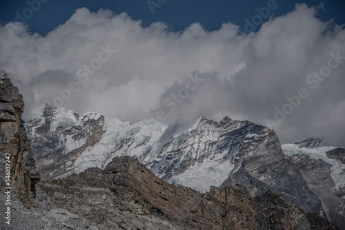Panoramic view mountains with snow in Chaurikharka, Annapurna nature reserve, Nepal