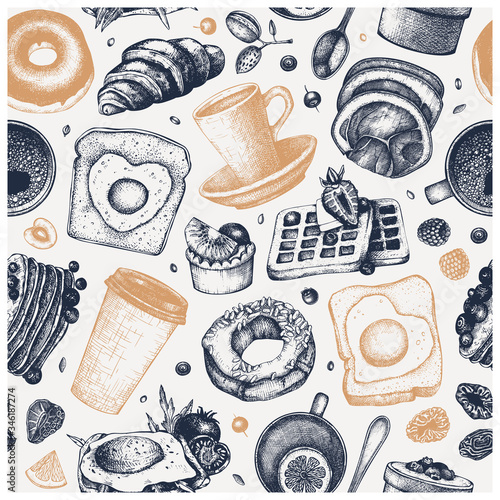 Breakfast dishes vector background. Morning food hand drawn illustrations. Breakfast and brunches menu design. Vintage hand drawn food and drinks seamless pattern. 