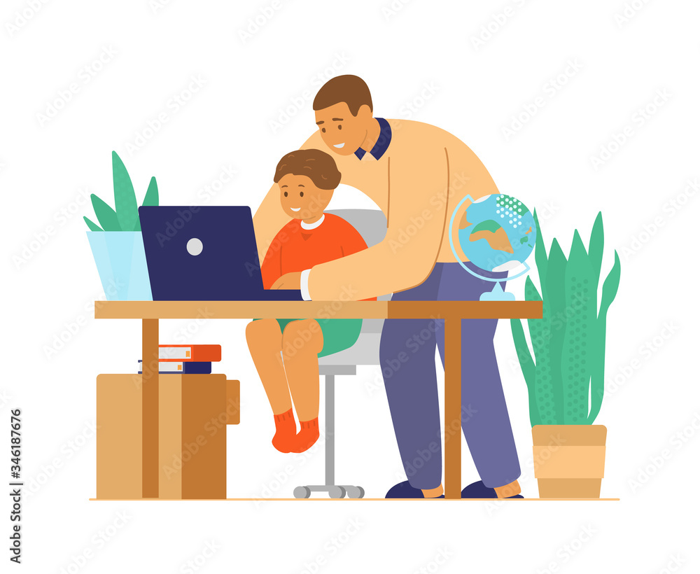 Homeschool or online education. Dad or tutor with child in front of laptop learning. Cozy workplace with plants. Flat vector illustration.