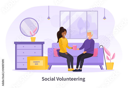 Social Volunteering concept for the elderly with a young black woman from a charity visiting a senior man at home, colored vector illustration