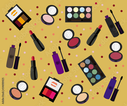 colored jars, boxes and bottles with mascara, blush, eyeshadow, lipstick scattered randomly on a yellow background