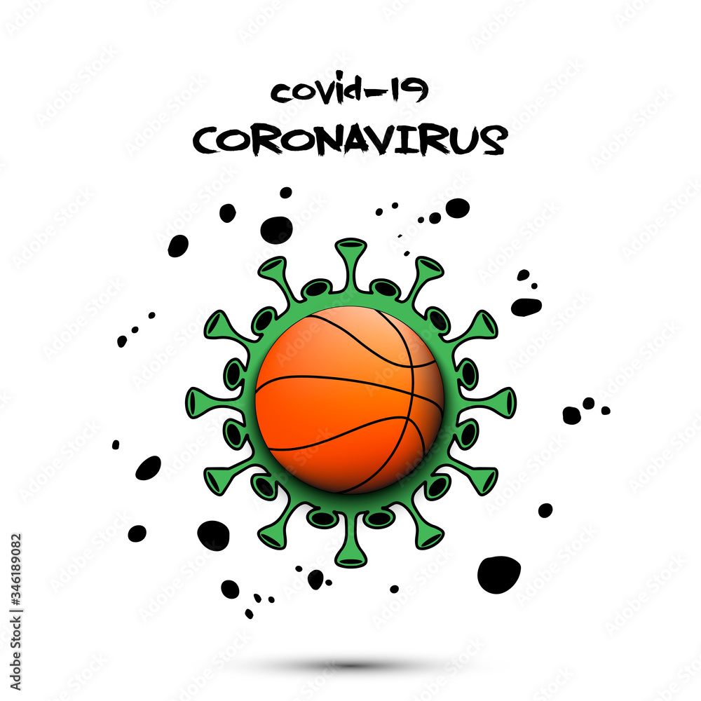 Coronavirus sign with basketball ball. Stop covid-19 outbreak. Caution risk disease 2019-nCoV. Cancellation of sports tournaments. The worldwide fight against the pandemic. Vector illustration Coronavirus sign with basketball ball. Stop covid-19 outbreak. Caution risk disease 2019-nCoV. Cancellation of sports tournaments. The worldwide fight against the pandemic. Vector illustration