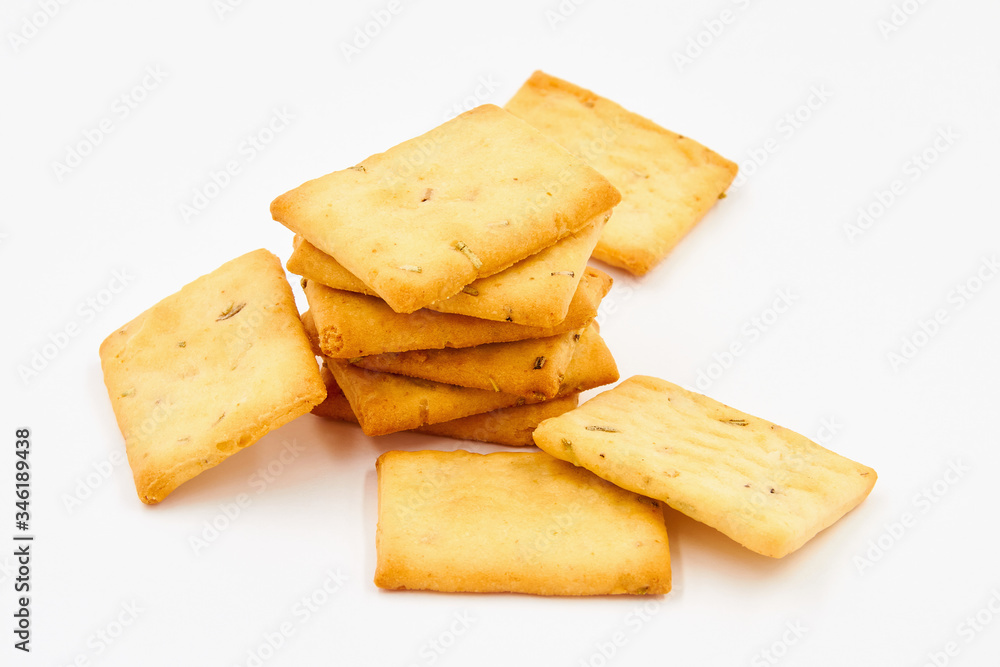 Italian crackers with rosemary and olive oil on a white background