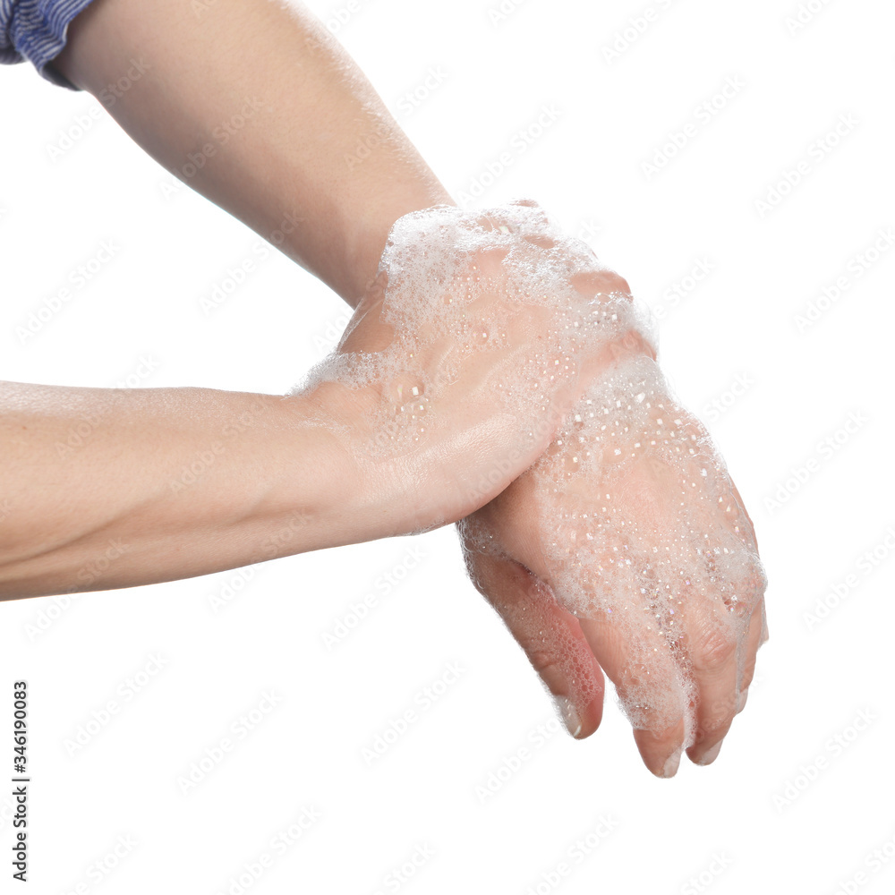 Woman washing hands with anti bacteria soap isolated on white background.         