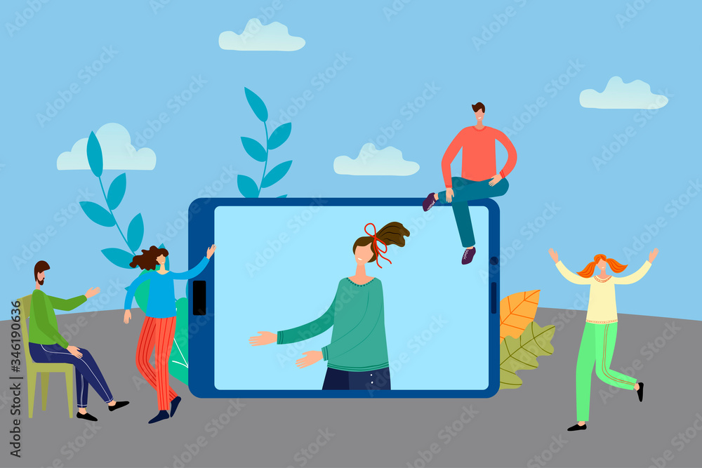 Cute people watch online broadcast on a tablet computer.Concept of online training and online entertainment.Vector illustration.