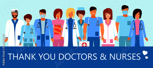 Thank you doctors and nurses, medical team that works in the hospitals and fighting covid-19 the coronavirus, vector illustration