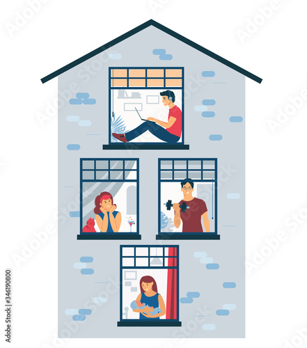 Stay at home. Quarantined life in isolation. The neighbors in the house are looking out the window. Conceptual flat illustration isolated on white background.