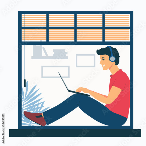 A man sits on a window sill with a laptop. Freelancer guy is listening to music. Remote work, freelance. Chatting with friends in isolation. Flat illustration isolated on white